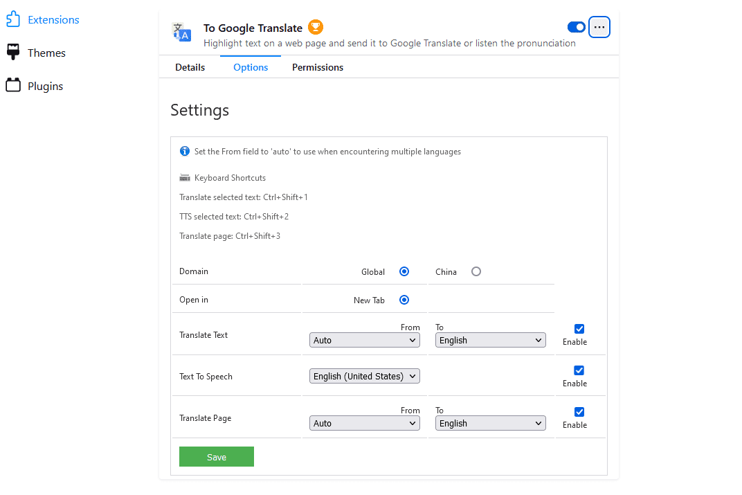 The settings page for To Google Translate