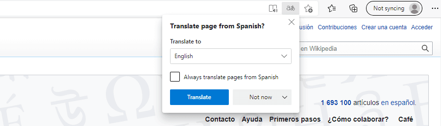 El aviso "Traducir página" en Microsoft Edge.