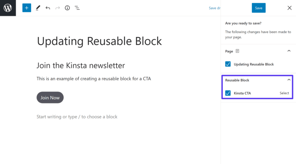 How to update a reusable block in the Gutenberg WordPress block editor