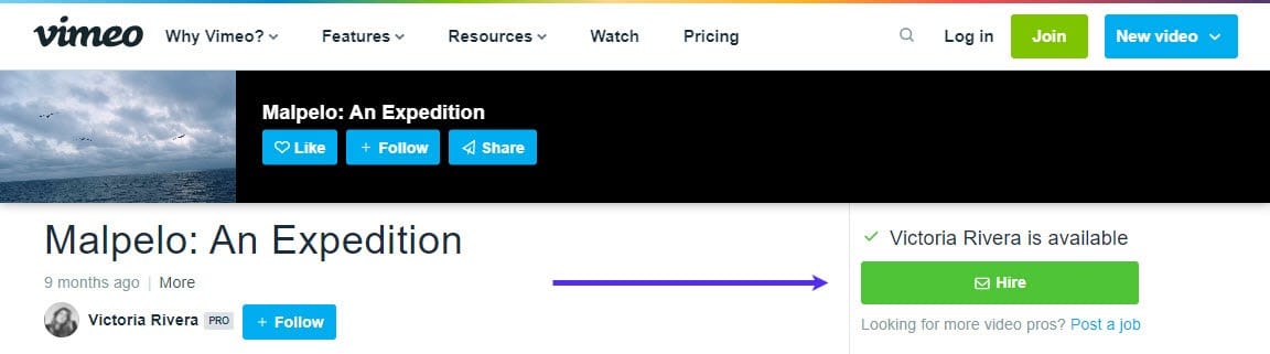 Vimeo’s “Hire” button screenshot.