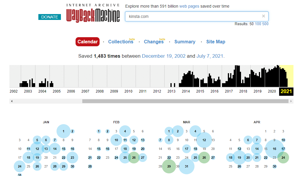 Screenshot of Wayback Machine showing results for Kinsta.com