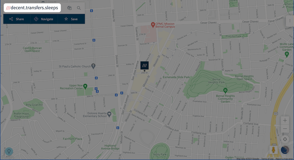 The what3words website, showing Automattic’s offices.