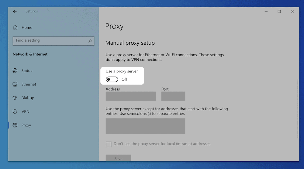 The proxy server toggle switch within Windows.