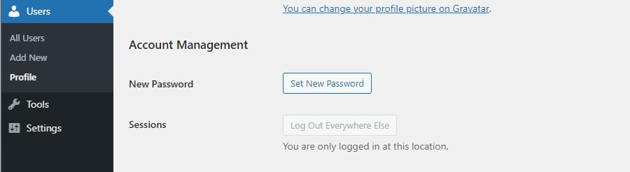 A screenshot of the Users > Account Management section of WordPress, showing the "Set New Password" button