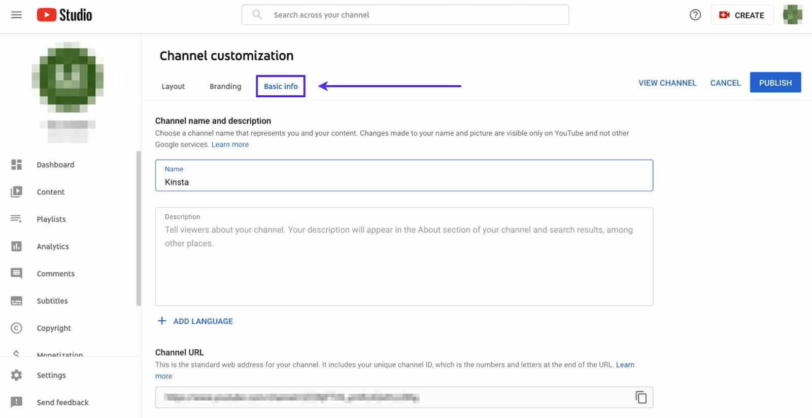 Le bouton Informations générales pour mettre à jour le nom de la chaîne dans YouTube