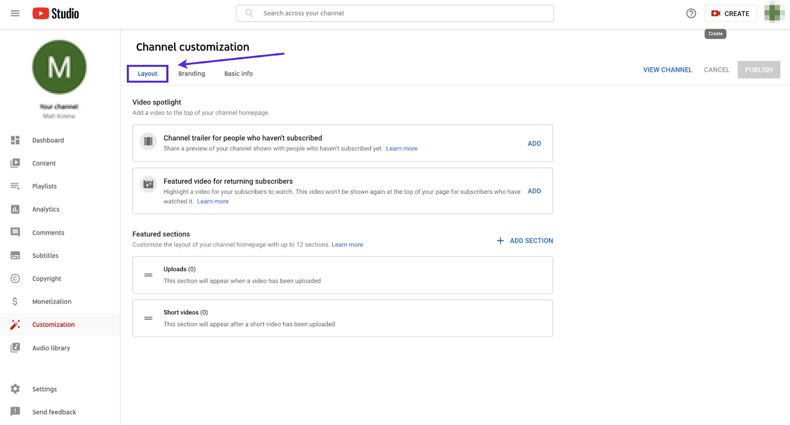 YouTube's channel customization view with an arrow pointing to the Layout tab