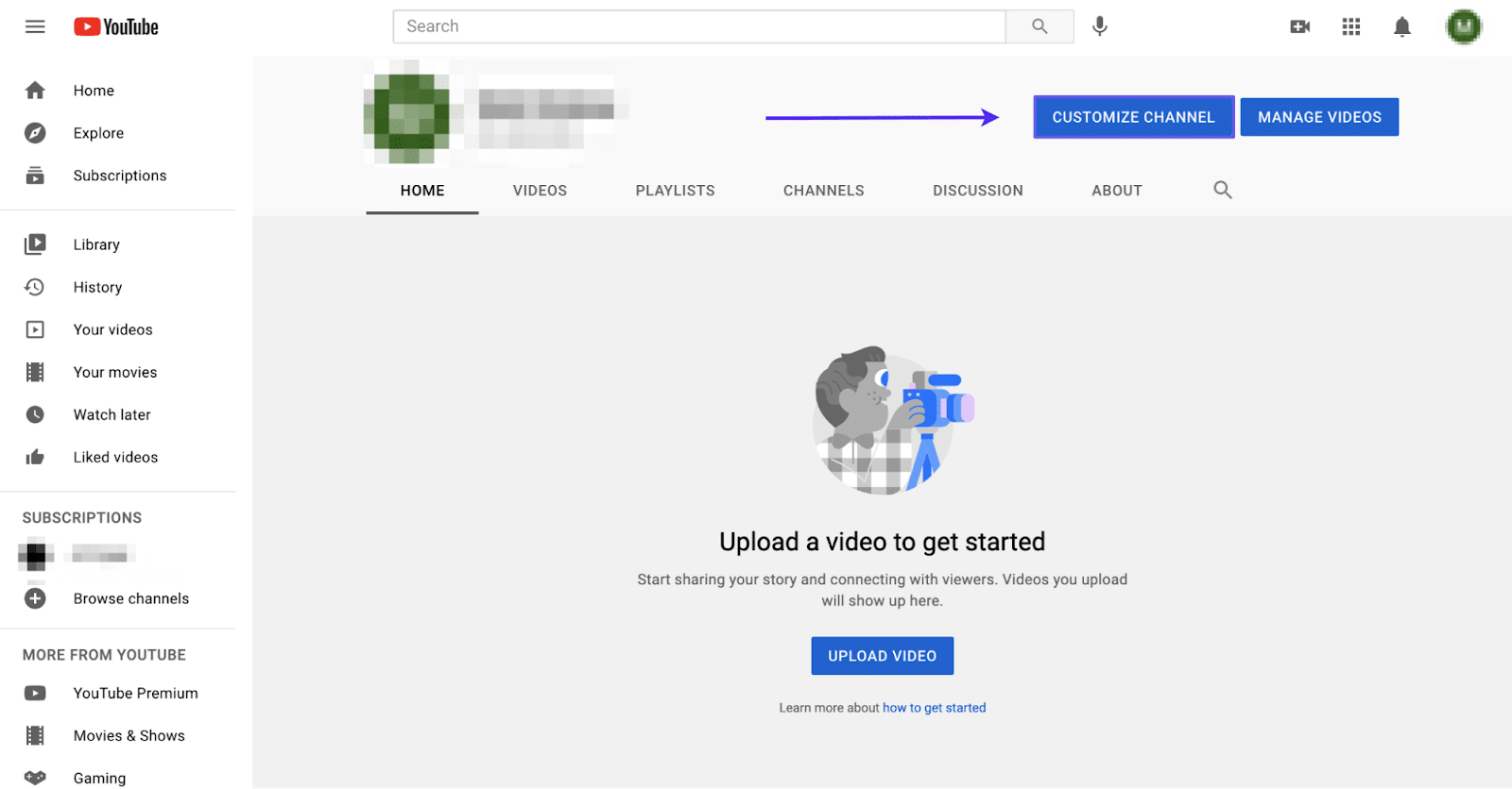 El botón de personalización del canal de YouTube