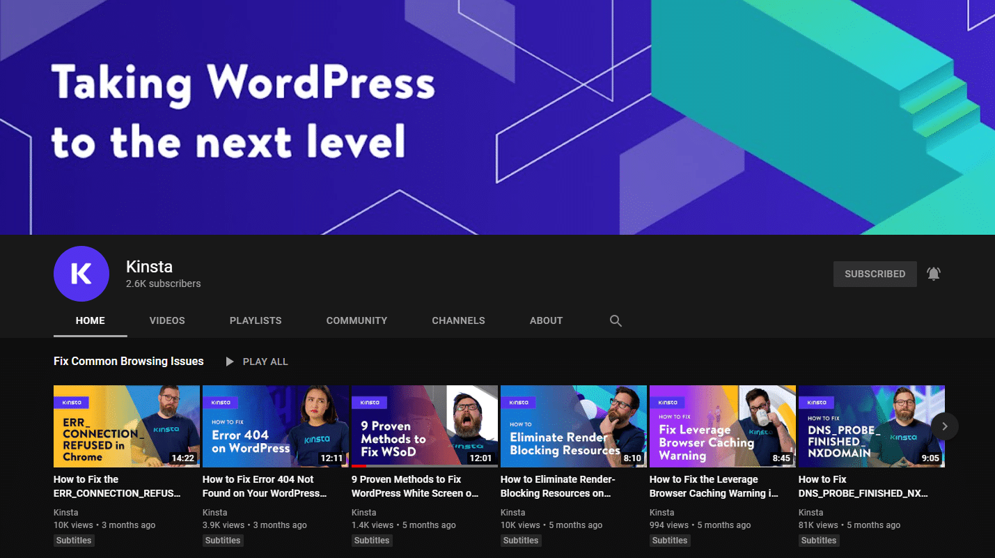 A screenshot of Kinsta's YouTube Channel page.