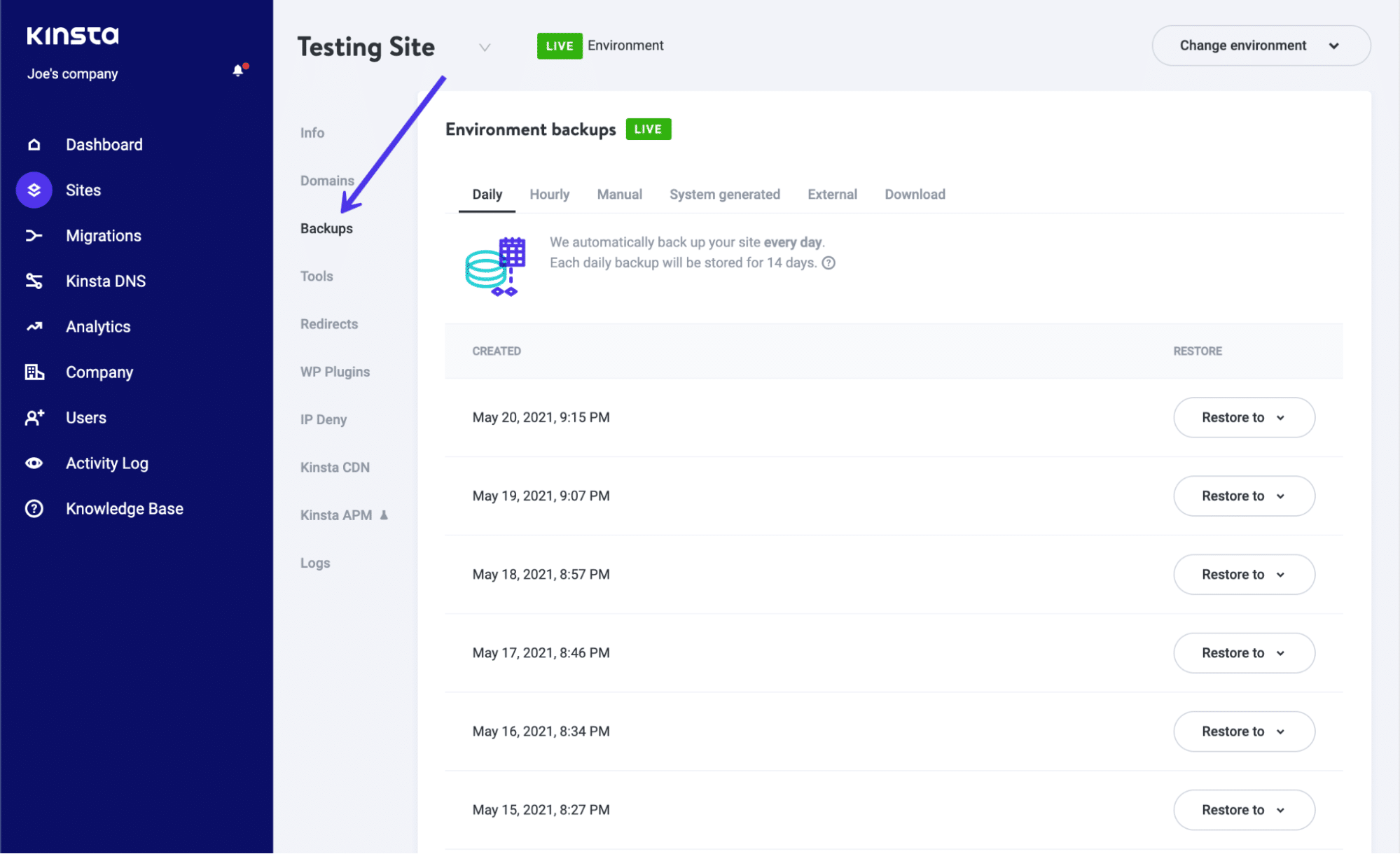 Eseguite backup giornalieri, orari o manuali nel cruscotto di MyKinsta