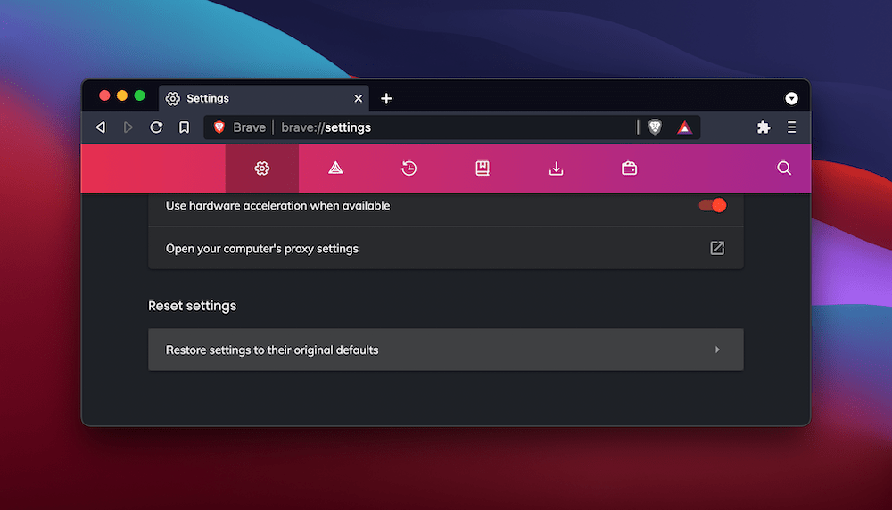 L'opzione Reset Settings in Brave.