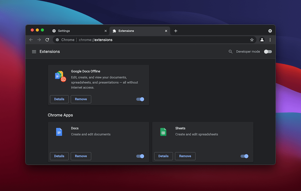 La page des extensions de Chrome