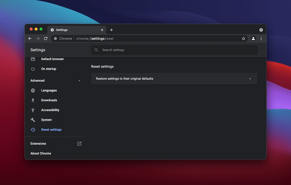 A opção Reset Settings in Chrome.