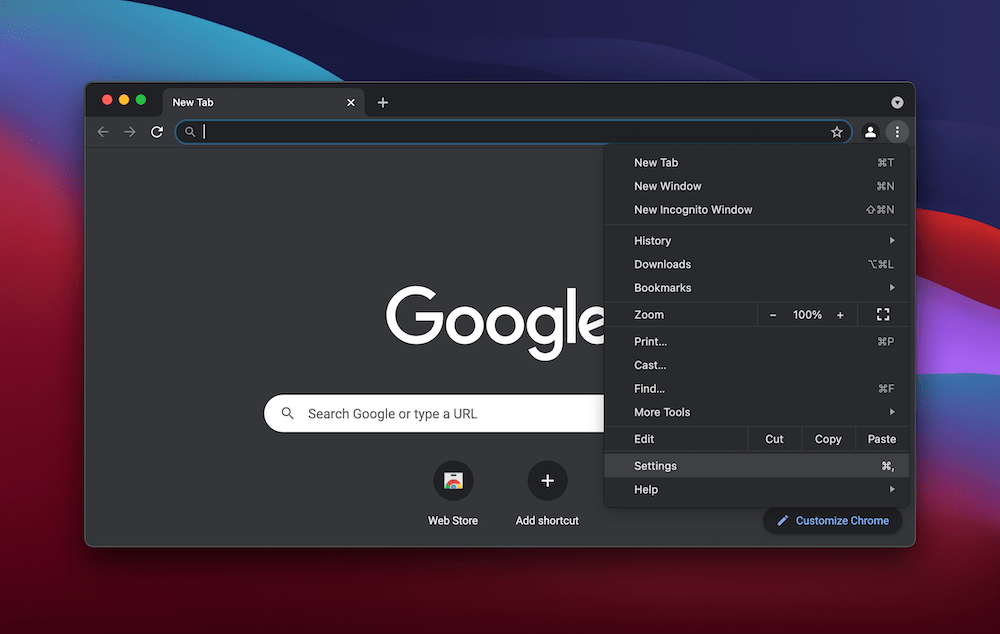 Opção de configurações do Google Chrome.