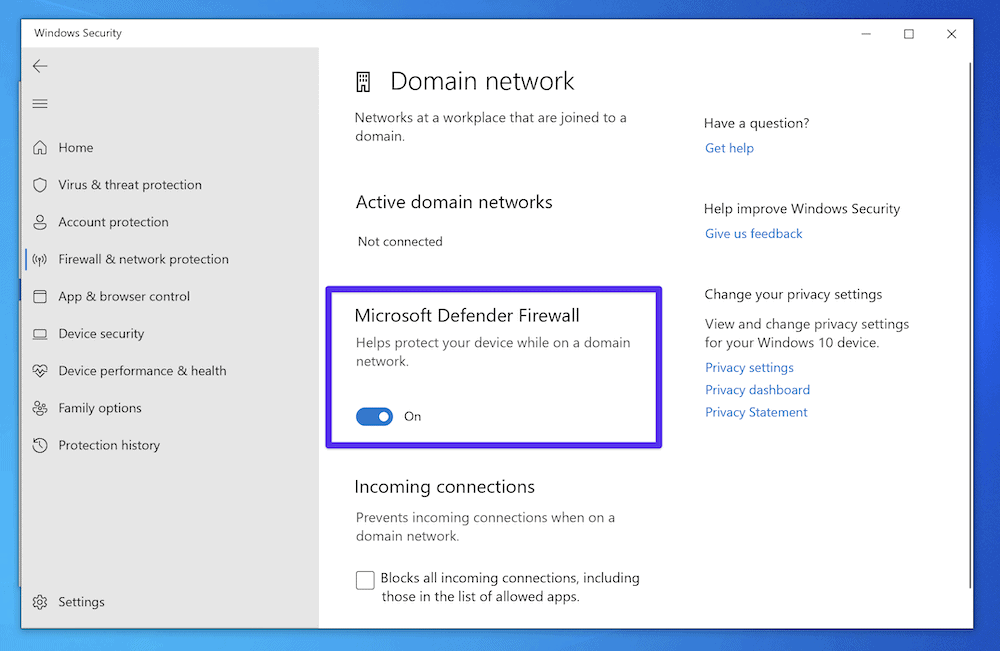 El interruptor del cortafuegos de Microsoft Defender.