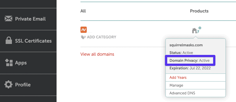 Il display on-hover di Namecheap
