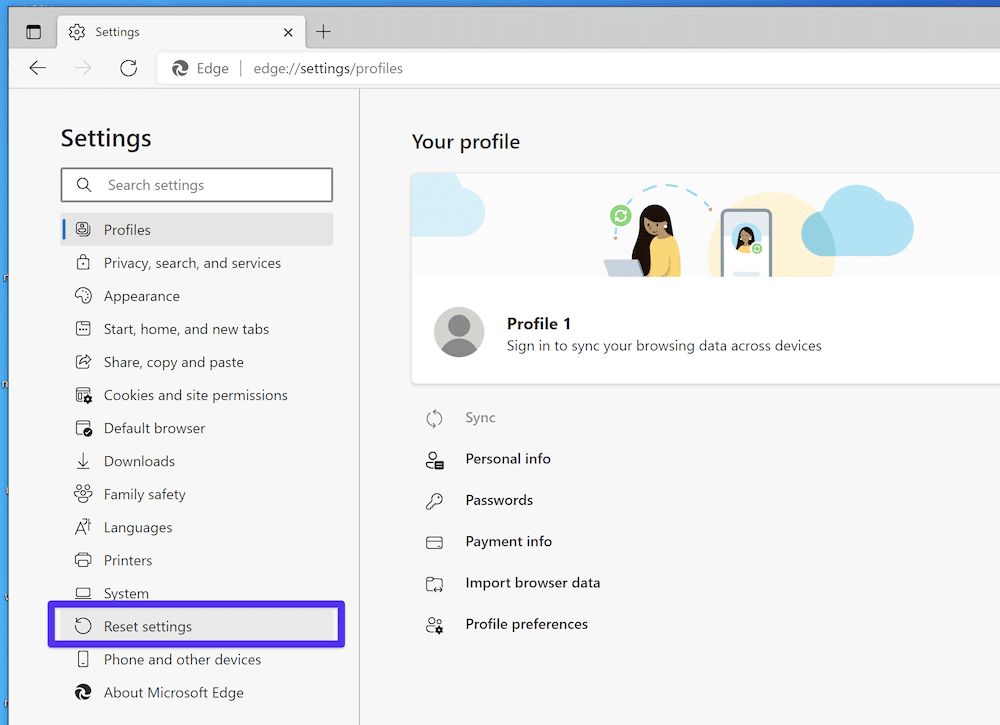 The Reset Settings option in Edge.