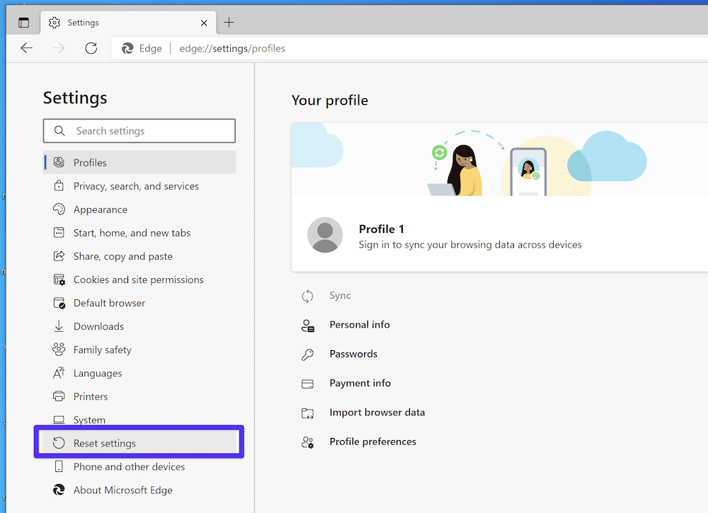 A opção Reset Settings in Edge.