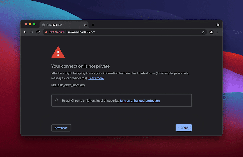 The NET::ERR_CERT_REVOKED error within Google Chrome.