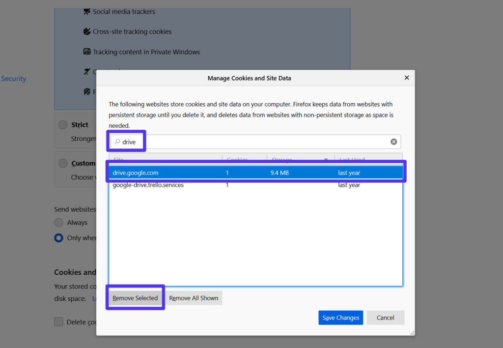 Borrar las cookies de un solo sitio con el botón "Eliminar seleccionados".