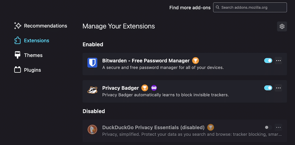 The Firefox Extensions Manager.