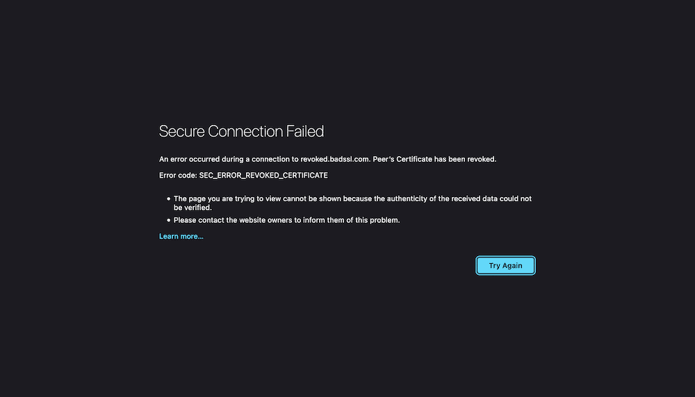 Versão da REDE do Firefox::ERR_CERT_REVOKED erro.