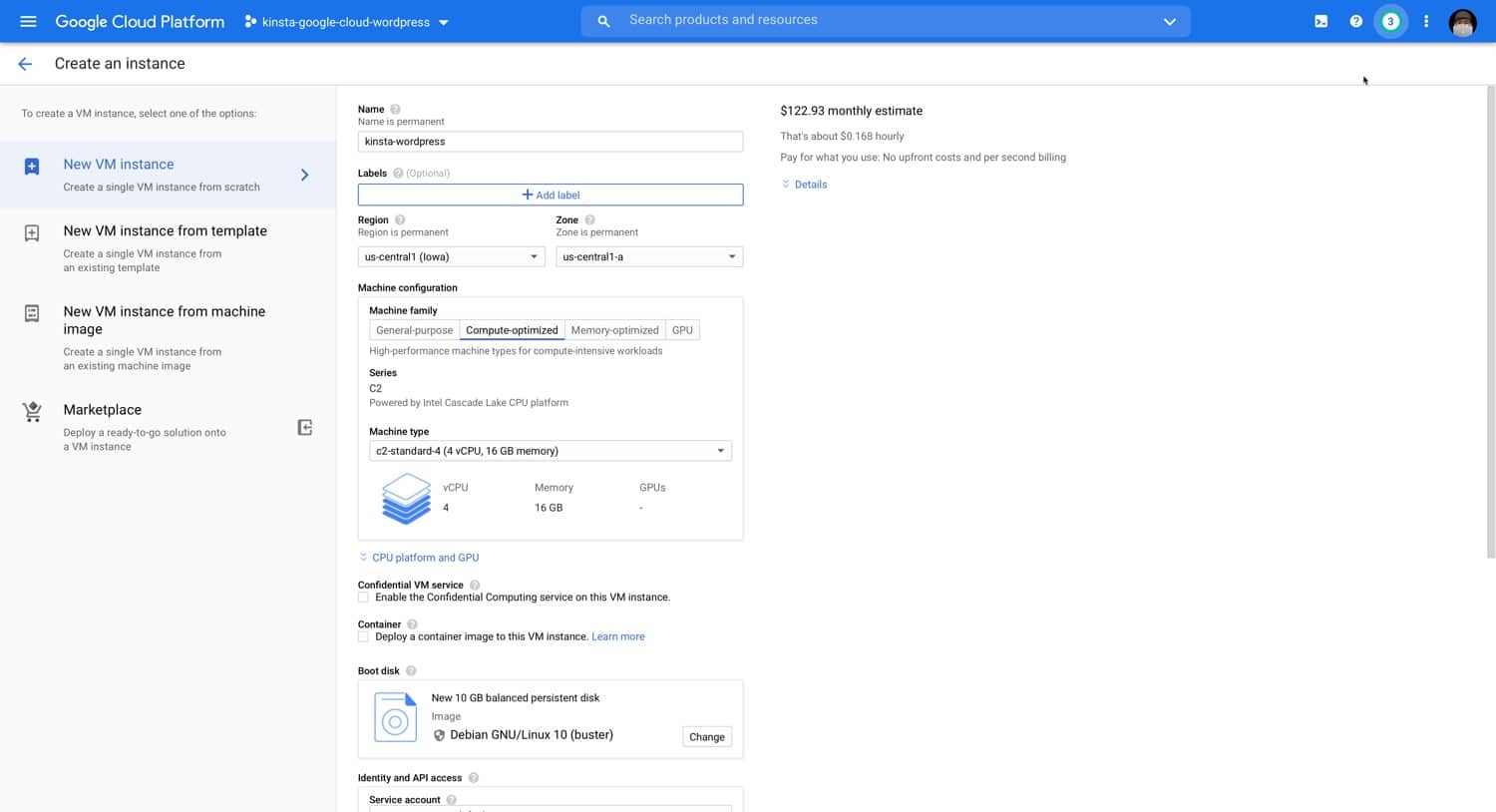 Configurazione della VM Compute Engine.