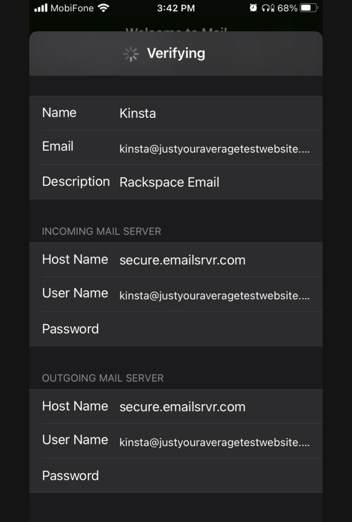 Enter the Rackspace IMAP and SMTP details.