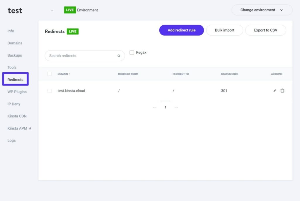 Um exemplo de um redirecionamento mal configurado na ferramenta de redirecionamento da Kinsta.