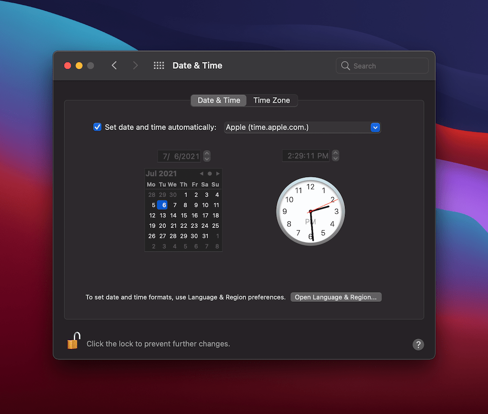 The Date & Time panel on macOS.