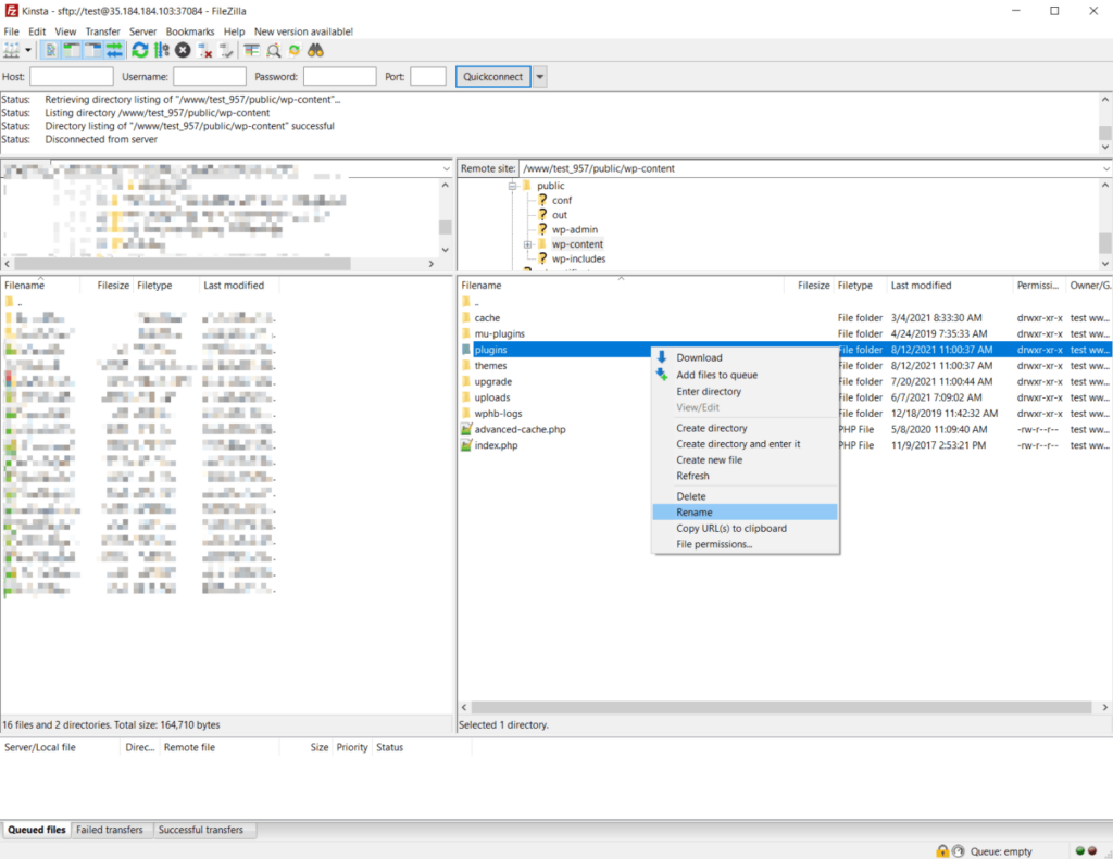 Manually disabling plugins using FTP.