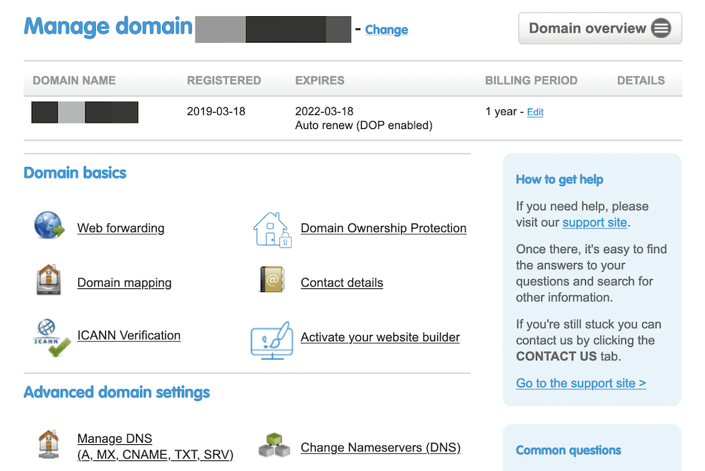 A domain registrar dashboard.
