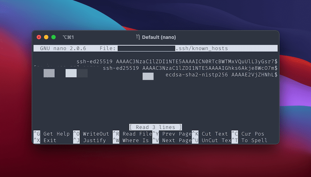 The Nano editor with the known_hosts file open.