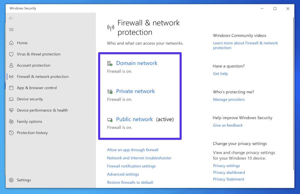The Firewall & network protection page.