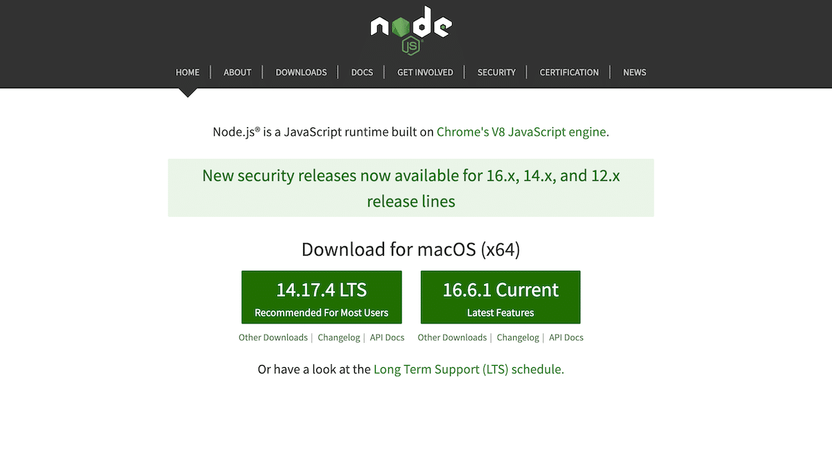 Schermata dell’homepage del sito di Node.js.