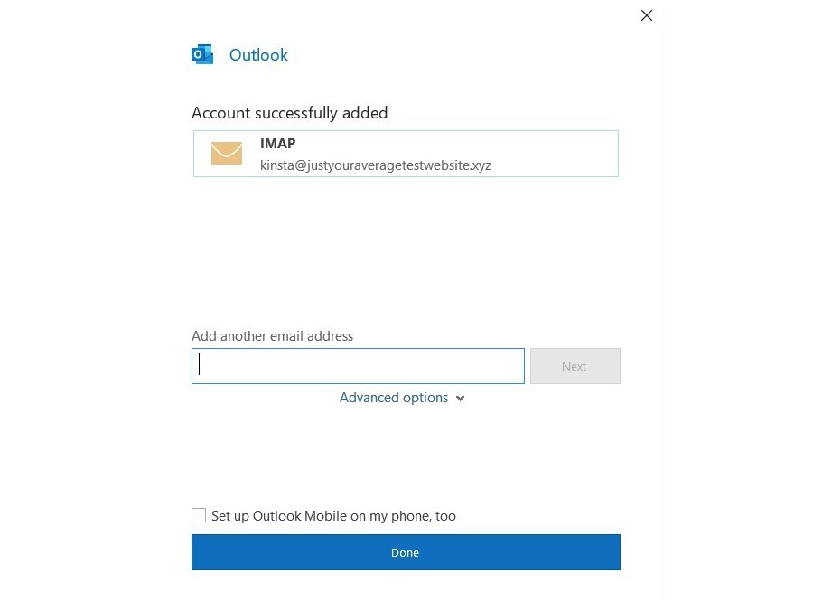 El mensaje de éxito en Outlook.