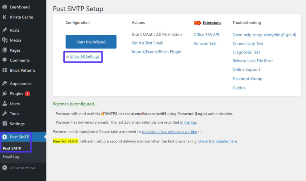 Zugriff auf alle Einstellungen im Post SMTP Plugin in WordPress.