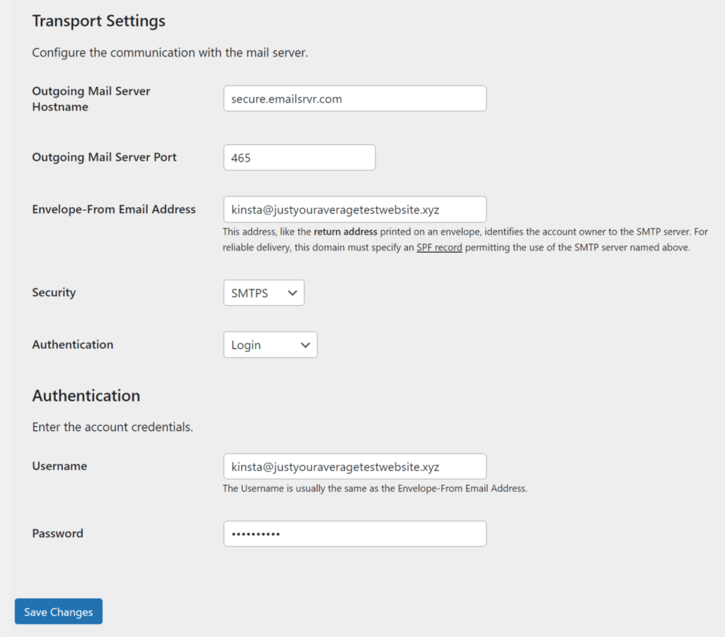 Inserire le impostazioni SMTP di Rackspace.