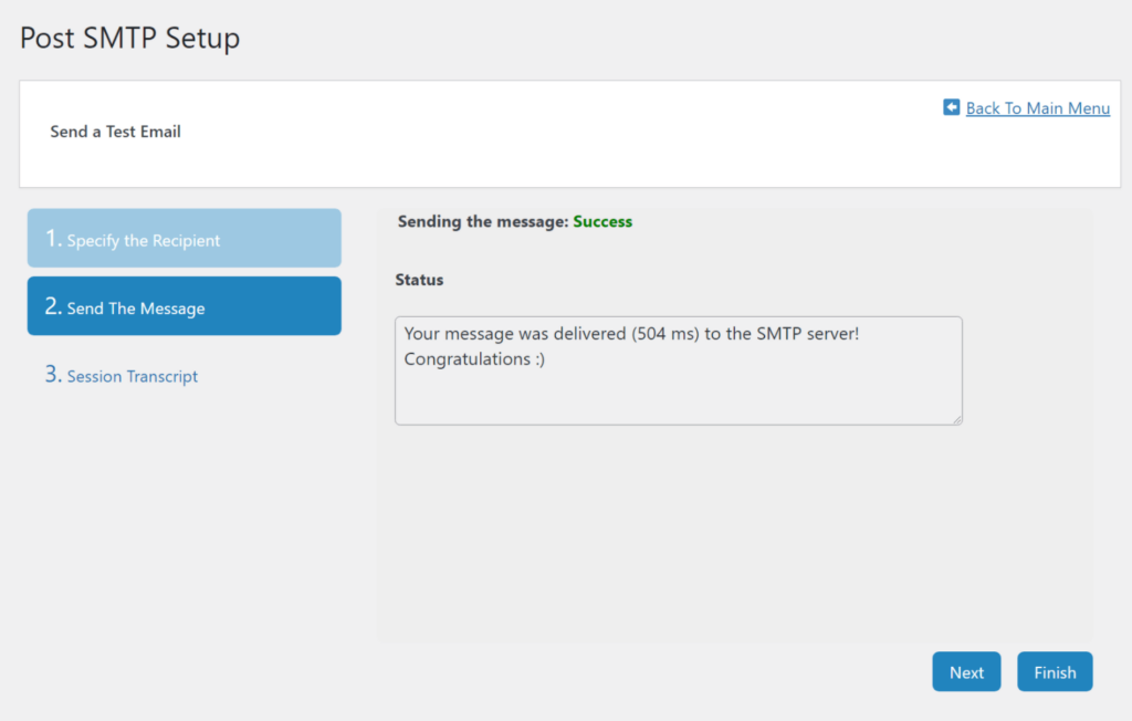 El mensaje de éxito después de configurar y probar correctamente Post SMTP.