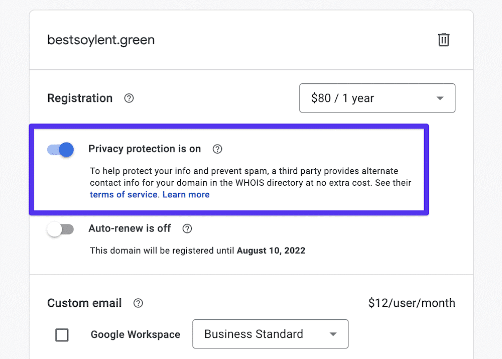 O checkout de Domínios Google, completo com Proteção de Privacidade