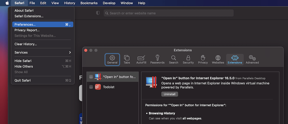 Safari montrant l'option Préférences, et l'onglet Extensions