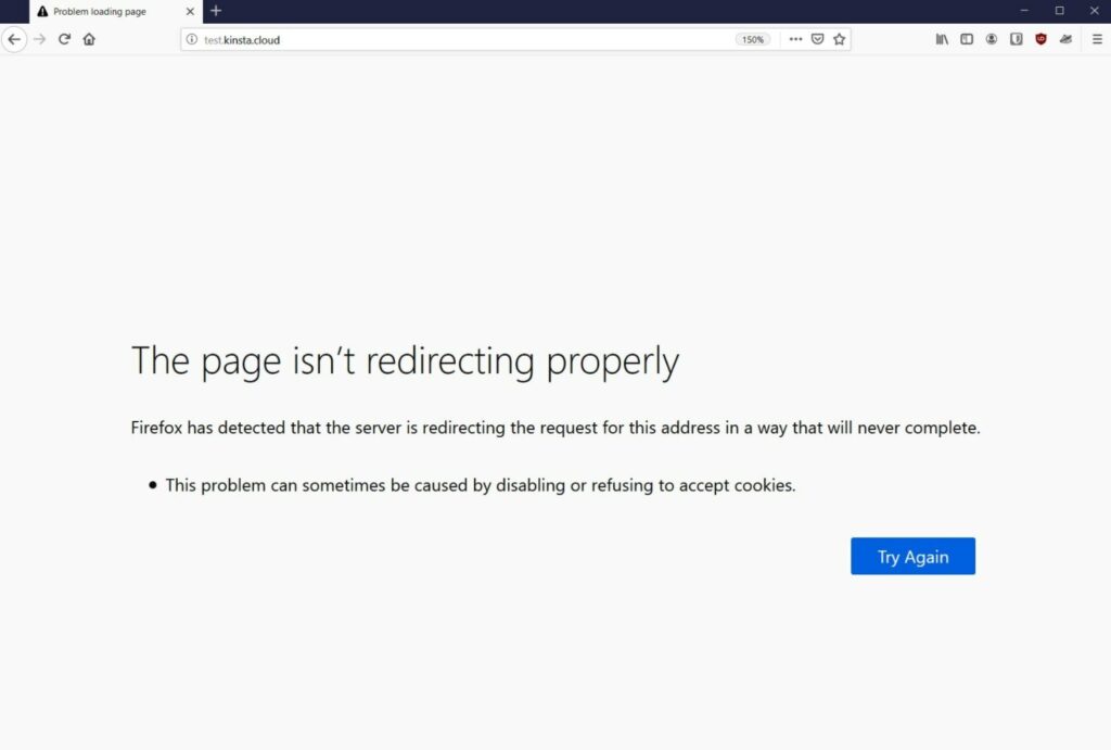 Un exemple de l'erreur « La page n'est pas correctement redirigée » dans Firefox.