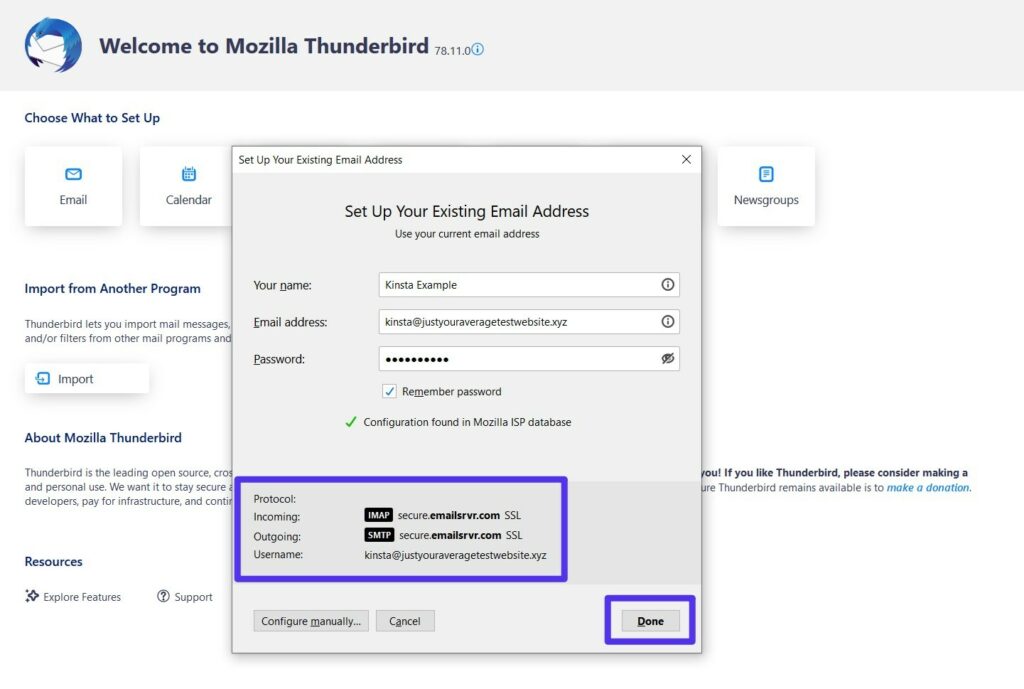 Thunderbird configure automatiquement les protocoles - cliquez sur « Terminé ».