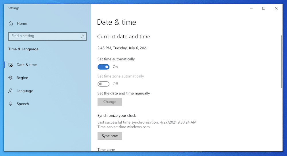 The Date & time settings page within Windows.