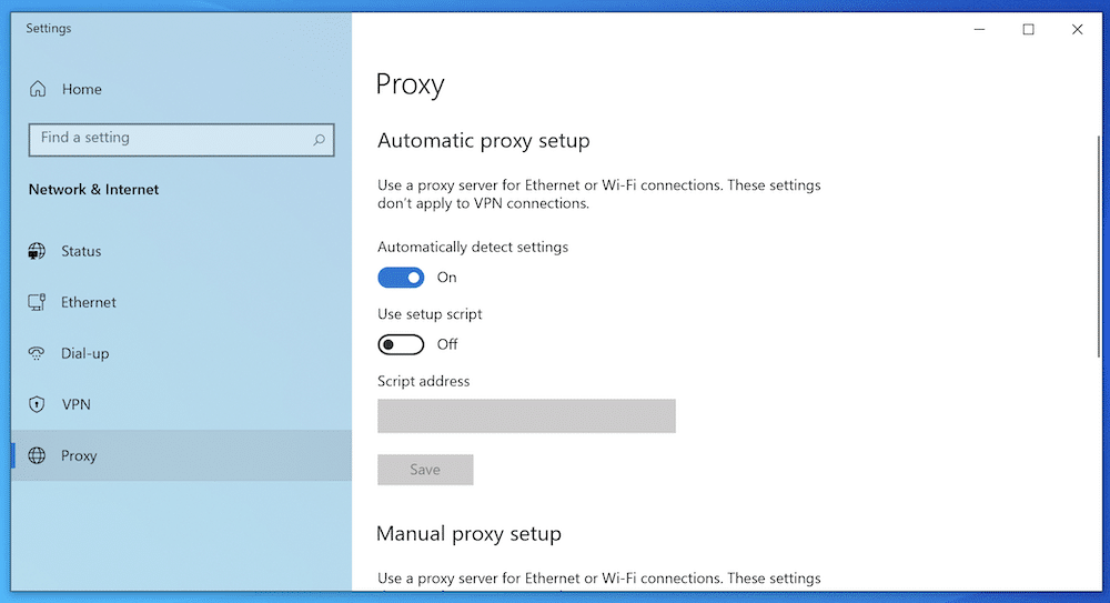 The Windows Proxy page.