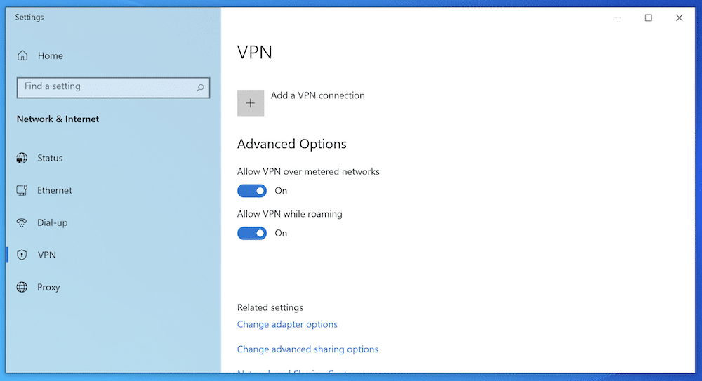 The Windows VPN page.
