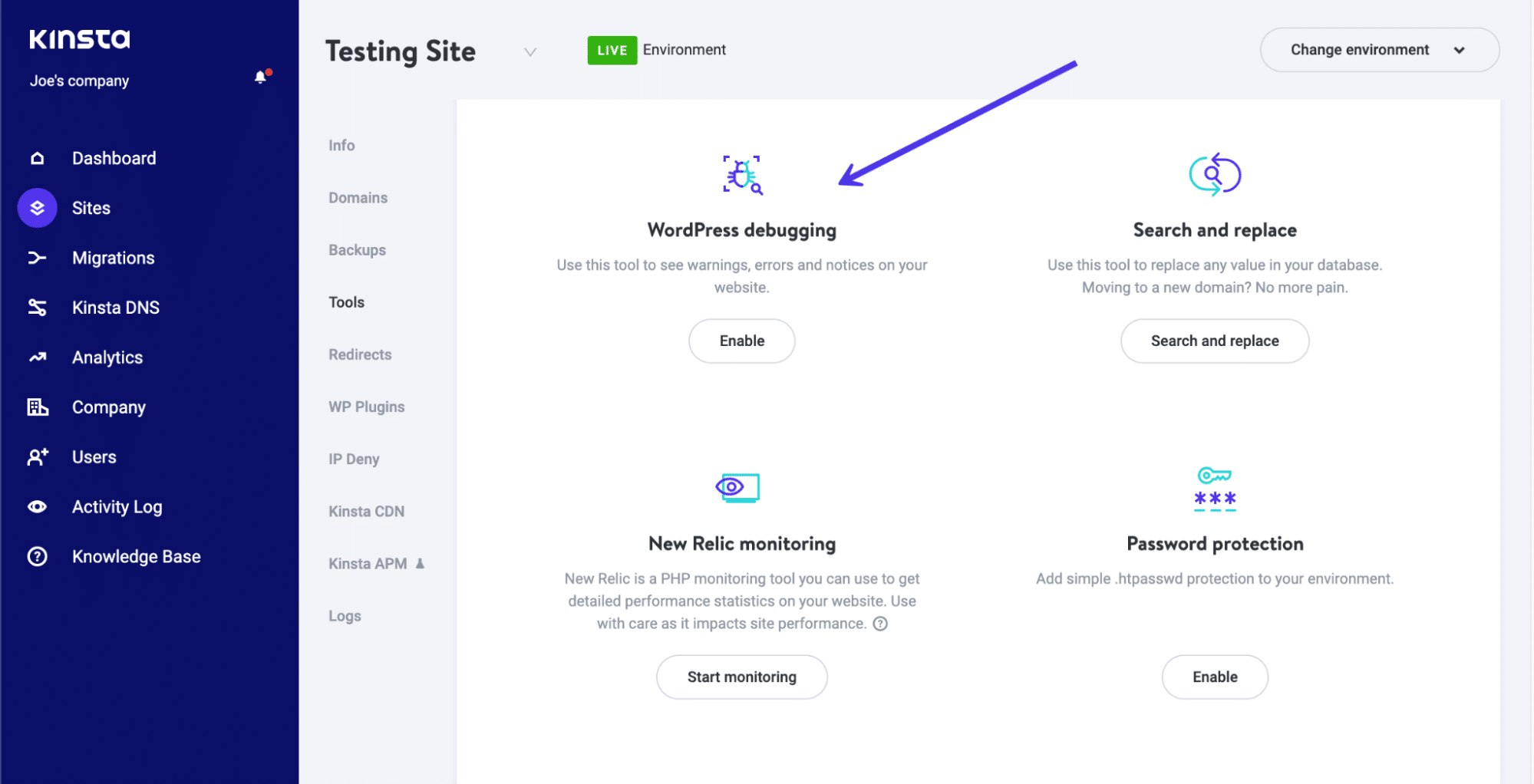 Siti > Strumenti vi porta a una pagina per attivare la funzione WordPress Debugging Mode nel cruscotto di Kinsta