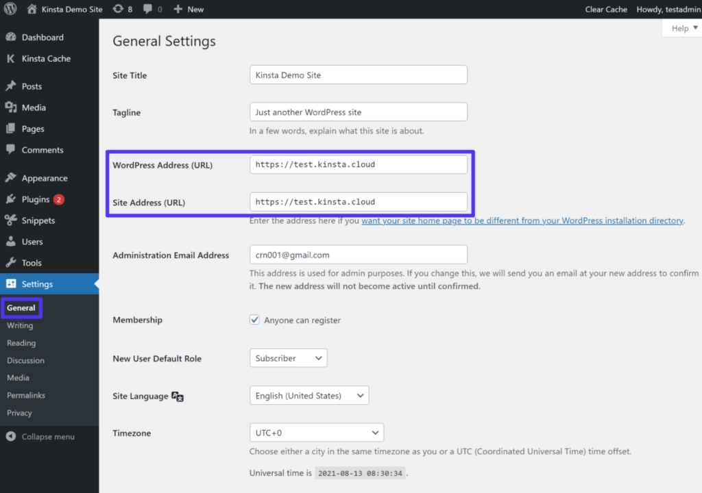 Comprobación de la dirección de su sitio WordPress.