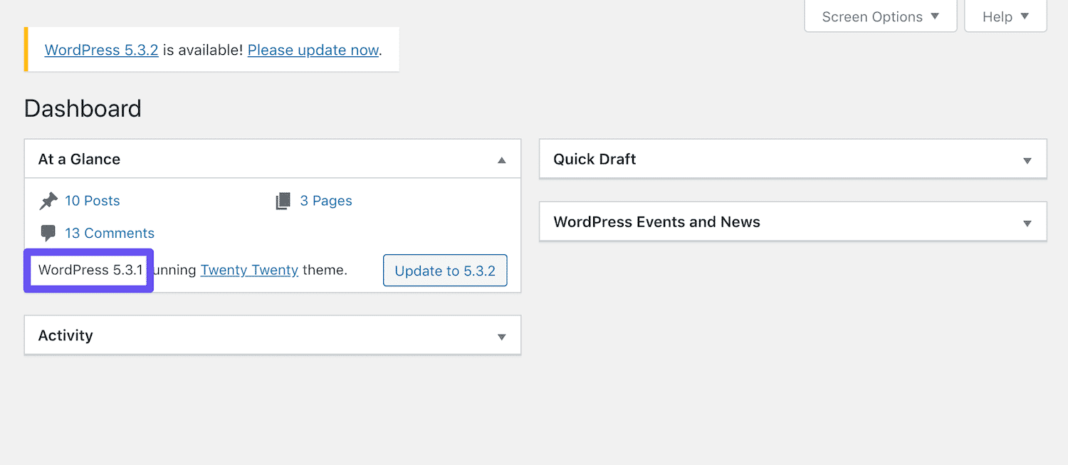 the wordpress version in the dashboard