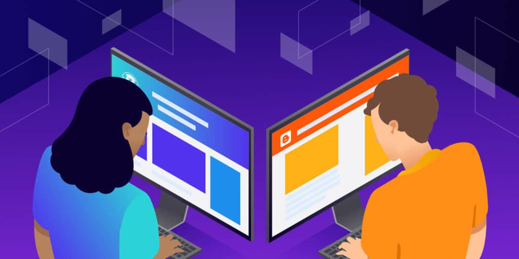 Illustration for WordPress vs Blogger showing two people staring at their own computers.