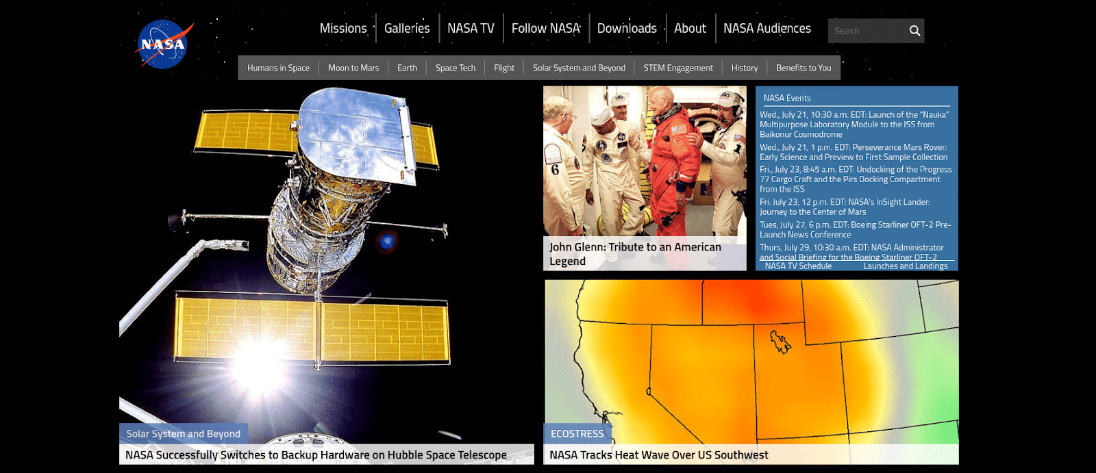 Schermata dell’homepage della NASA.